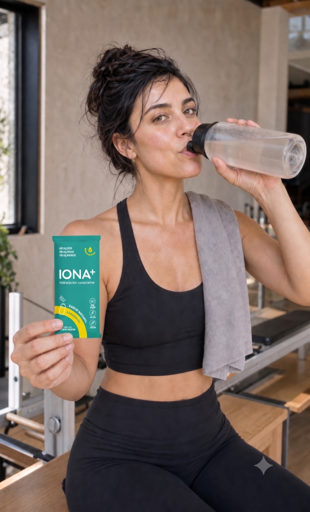 Mujer consumiendo IONA+ en el gym